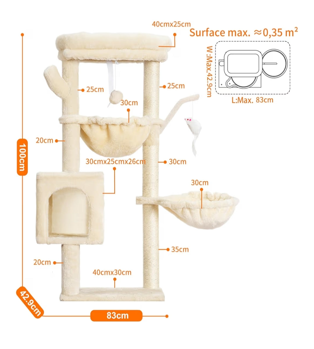 Arbre À Chat, 100 cm Petit Griffoir pour Chat De Haut avec Grande Plateforme, Grotte, 2 Hamacs, Jouets pour Chats, Meubles pour Chats, Griffoir, Beige
