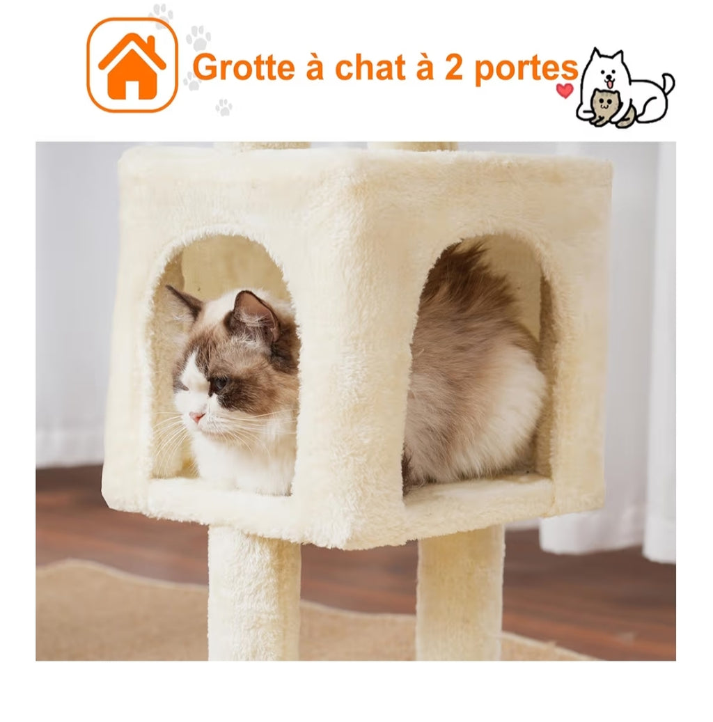 Arbre À Chat, 100 cm Petit Griffoir pour Chat De Haut avec Grande Plateforme, Grotte, 2 Hamacs, Jouets pour Chats, Meubles pour Chats, Griffoir, Beige