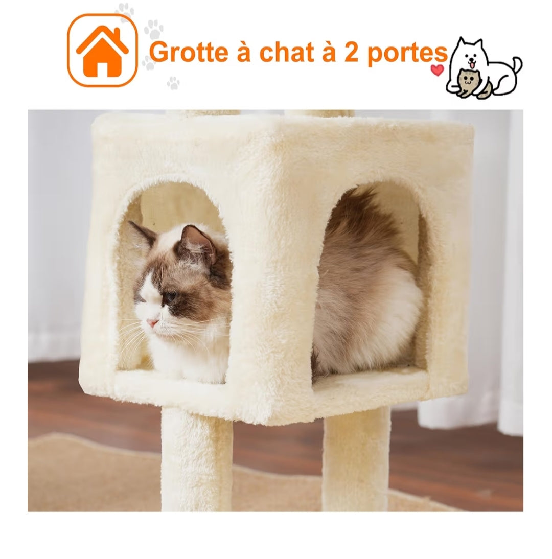 Arbre À Chat, 100 cm Petit Griffoir pour Chat De Haut avec Grande Plateforme, Grotte, 2 Hamacs, Jouets pour Chats, Meubles pour Chats, Griffoir, Beige