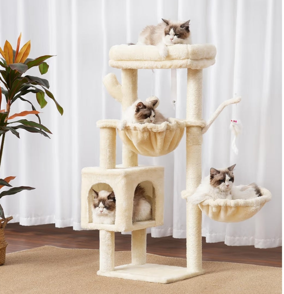 Arbre À Chat, 100 cm Petit Griffoir pour Chat De Haut avec Grande Plateforme, Grotte, 2 Hamacs, Jouets pour Chats, Meubles pour Chats, Griffoir, Beige