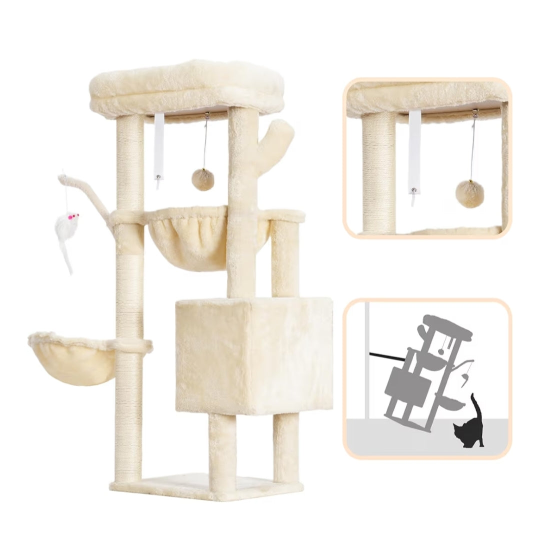 Arbre À Chat, 100 cm Petit Griffoir pour Chat De Haut avec Grande Plateforme, Grotte, 2 Hamacs, Jouets pour Chats, Meubles pour Chats, Griffoir, Beige