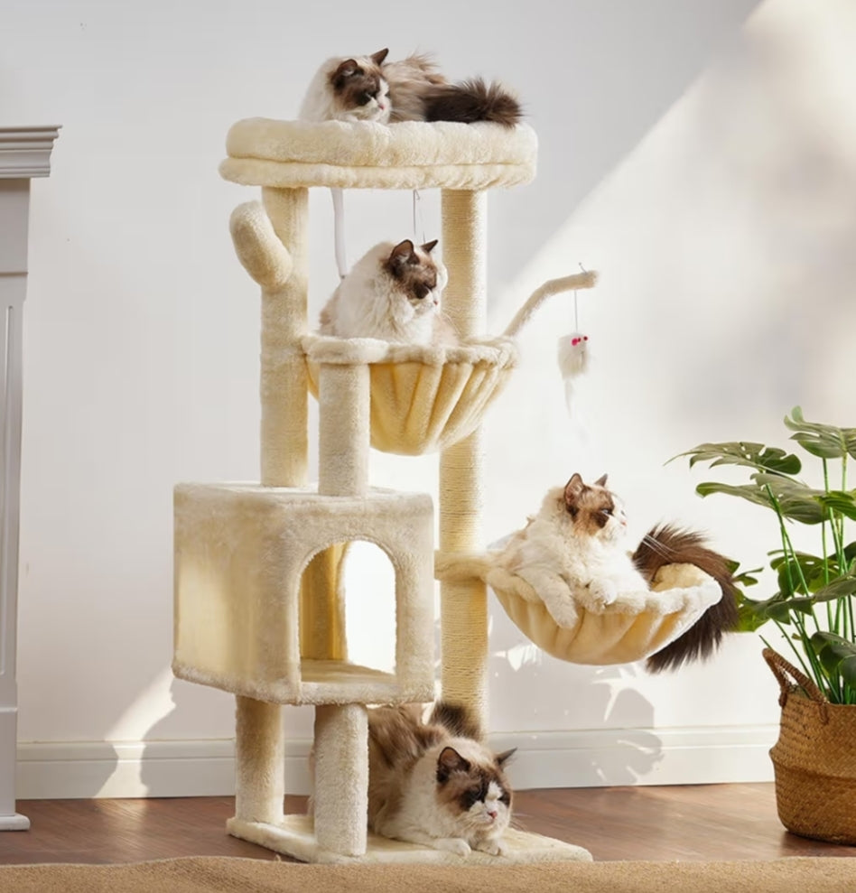 Arbre À Chat, 100 cm Petit Griffoir pour Chat De Haut avec Grande Plateforme, Grotte, 2 Hamacs, Jouets pour Chats, Meubles pour Chats, Griffoir, Beige