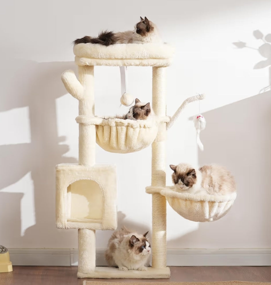 Arbre À Chat, 100 cm Petit Griffoir pour Chat De Haut avec Grande Plateforme, Grotte, 2 Hamacs, Jouets pour Chats, Meubles pour Chats, Griffoir, Beige