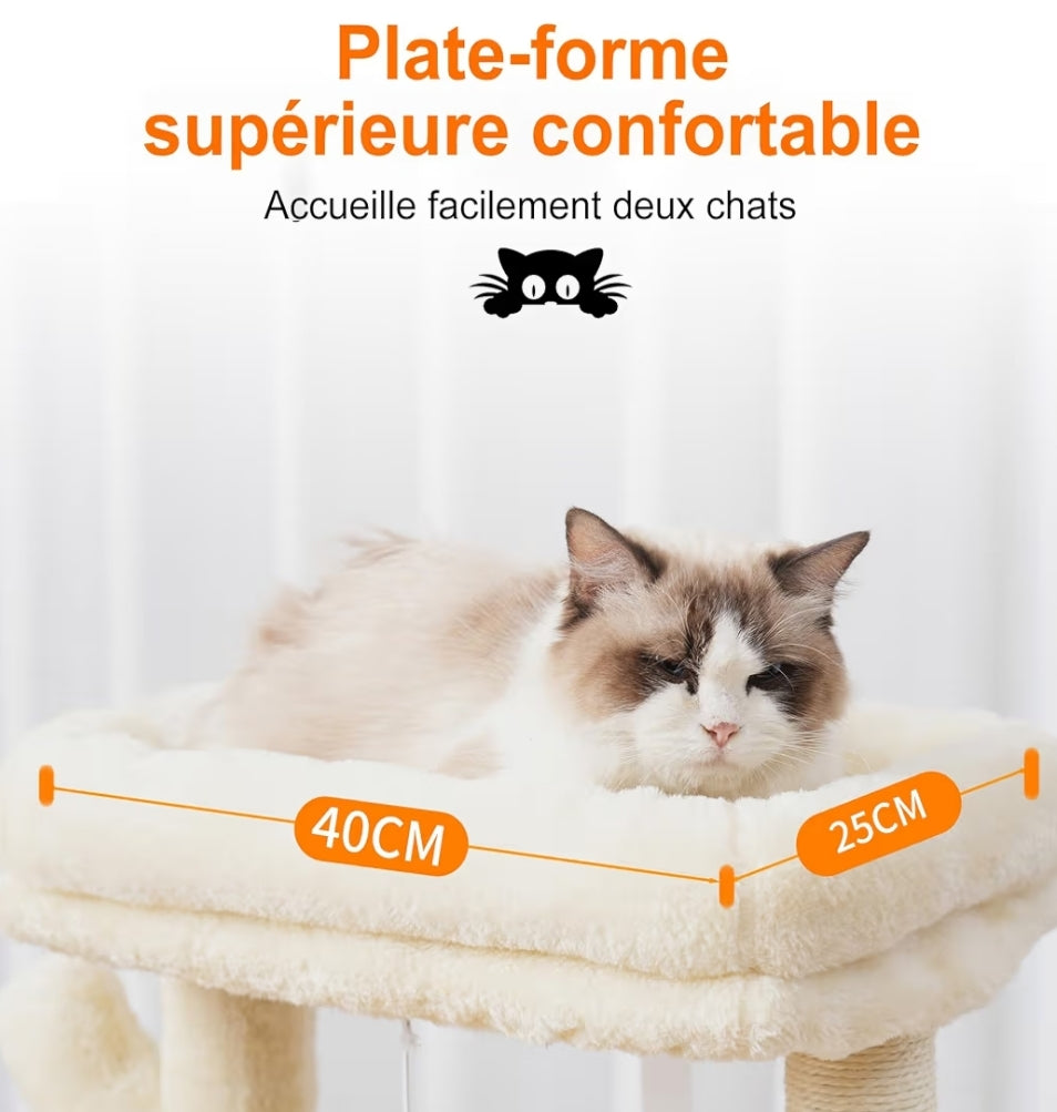 Arbre À Chat, 100 cm Petit Griffoir pour Chat De Haut avec Grande Plateforme, Grotte, 2 Hamacs, Jouets pour Chats, Meubles pour Chats, Griffoir, Beige