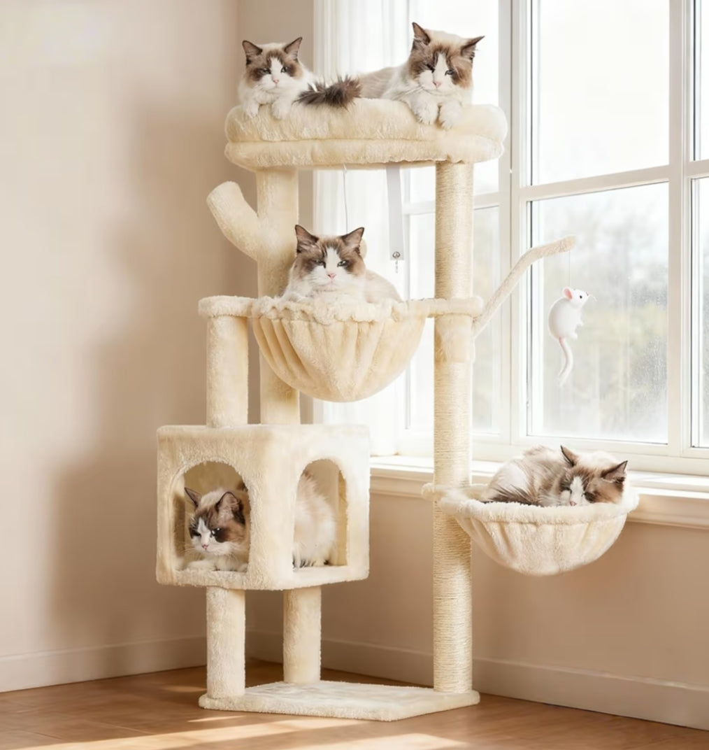 Arbre À Chat, 100 cm Petit Griffoir pour Chat De Haut avec Grande Plateforme, Grotte, 2 Hamacs, Jouets pour Chats, Meubles pour Chats, Griffoir, Beige