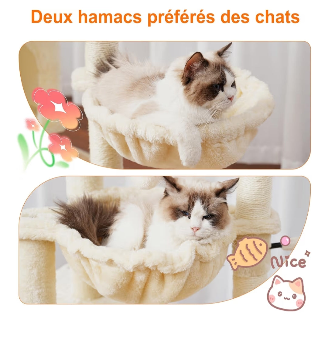 Arbre À Chat, 100 cm Petit Griffoir pour Chat De Haut avec Grande Plateforme, Grotte, 2 Hamacs, Jouets pour Chats, Meubles pour Chats, Griffoir, Beige